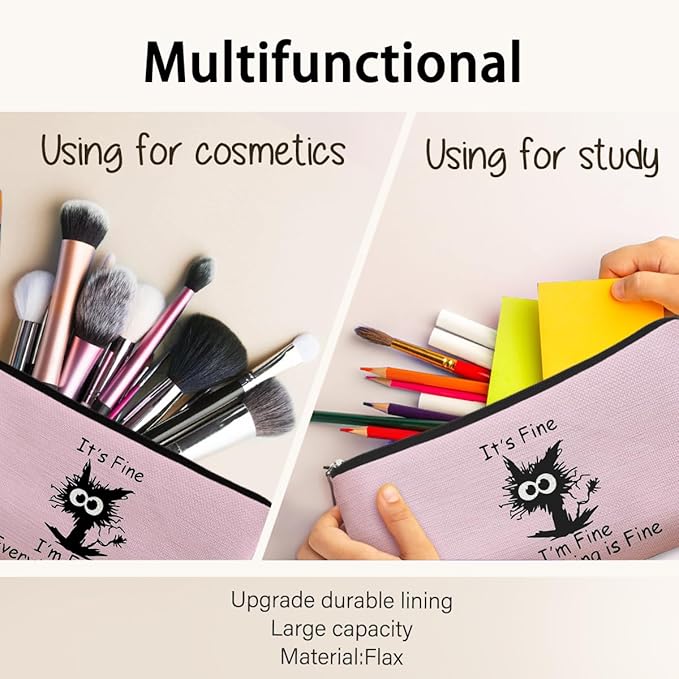 Black Cat Makeup Bag - Funny 'I'm Fine' Cosmetic Bag, Pink Zipper Travel Toiletry Bag for Cat Lovers, Teen Girls & Cat Owners Gifts