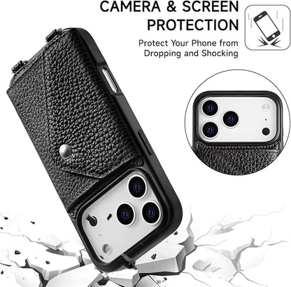 LUCKYCOIN Crossbody Wallet Phone Case for iPhone 17 Pro,100% Genuine Leather Wallet Phone Case with Expandable Flip Card Holder,Phone Purse for Women with Adjustable Removable Strap - Pebble Black