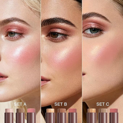 3Pcs Cream Contour Sticks, Shades with Highlighter & Bronzer & Blush, Makeup Kit for Sculpt the Cheeks Long Lasting Dewy & Matte Finish Lightweight Face Contouring Pen LIGHT MEDIUM (SET-A)