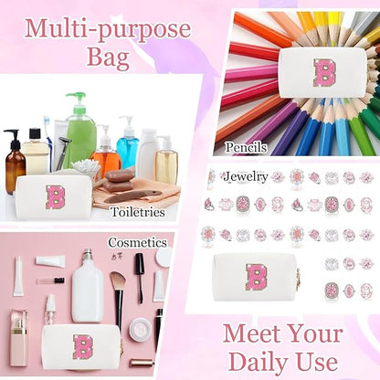 Small Personalized Glitter Initial Letter Makeup Bag, Cute PU Leather Chenille Letters Cosmetic Bag Travel Makeup Pouch, Preppy Travel Organizer Zipper Pouch for Women&Girls（WhiteRosePink-B）