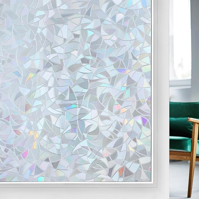 rabbitgoo Window Privacy Film Rainbow Film Decorative Window Sticker, 3D Static Stained Glass Cling Tint for Home Heat Control Non-Adhesive, Grayish Silver, 35.4 x 118.1 inches