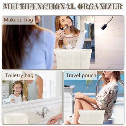 ZLFSRQ 2Pcs Makeup Bag for Women Trendy Large Capacity Cosmetic Bags Plush Pencil Case White Checkered Pouch for Purse Coquette Zippered Toiletry Bag Organizer Y2K Aesthetic Pencil Pouch