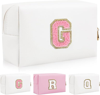 Personalized Initial Letter Patch Makeup Bag, Preppy Portable Chenille Letter Cosmetic Bag with Zipper, PU Leather Waterproof Travel Toiletry Bag Monogram Make Up Pouch for Women Girls(Letter G)