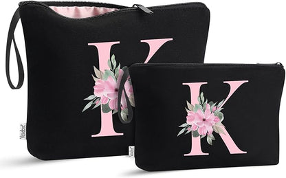 Vavabox A-Z Personalized Makeup Bag, Birthday Gifts for Women Mom, Gifts for Best Friend, Bride Bridesmaid Cosmetic bag (K, 04-Black Set)