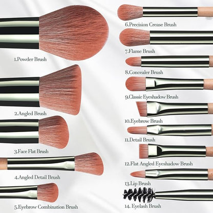 BS-MALL Travel Makeup Brush Set Foundation Powder Concealers Eye Shadows Makeup Set with LED light Mirror 14 Pcs (Green)