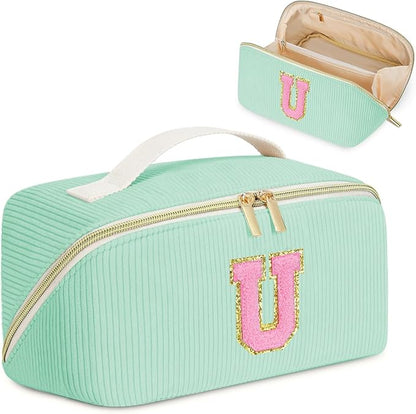 Personalized Initial Makeup Bag,Christmas Gifts for Girl,Preppy Bag Cosmetic Travel Bag Women,Travel Toiletry Organizer,Large Capacity Corduroy Stuff Bag,Cute Cosmetic Pouch Skincare Bag-U