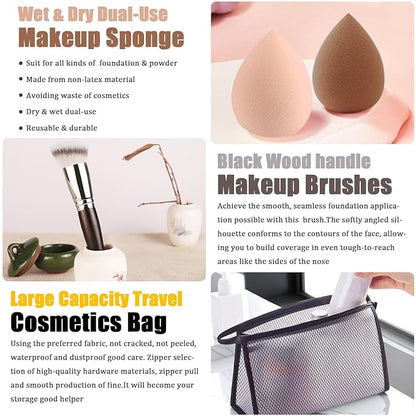All in One Makeup Kit for Women Full Kit,Travel Make Up Gift Set for Women Teens Girls, Includes Eyeshadow,Foundation,Lipstick,Mascara,Brush,Sponge,Brow Powder & Soap,Eyeliner,Primer,Contour,Bag