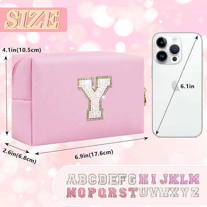 Initial Letter Patch Makeup Bag, Preppy Glitter Letter Pouch Cosmetic Bag,Small PU Travel Toiletry Bag Zipper,Personalized Monogrammed Gift for Friends Sister,Cute Stuff for Women Teen Girls(Letter Y)