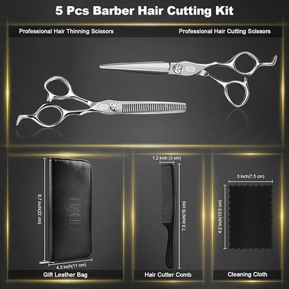 CIICII Professional Hair Cutting Scissors Shears Kit, 440C 7 Inch Barber Haircut Scissors Set (Hair Beard Trimming Haircutting Thinning Shears) for Hairdressing Stylist Hairdresser Salon Home