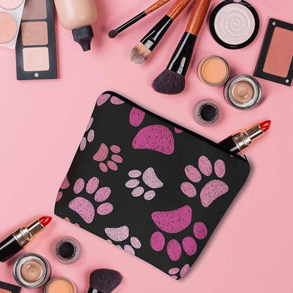 Women Cosmetic Bag Dog Paw, Pet Cat Paws Dog Prints Footprint Cute Makeup Bag For Purse Cosmetic Travel Bag For Toiletries Makeup Storage Bag Flax Skincare Bag Make Up Pouch Bags, Pink Black