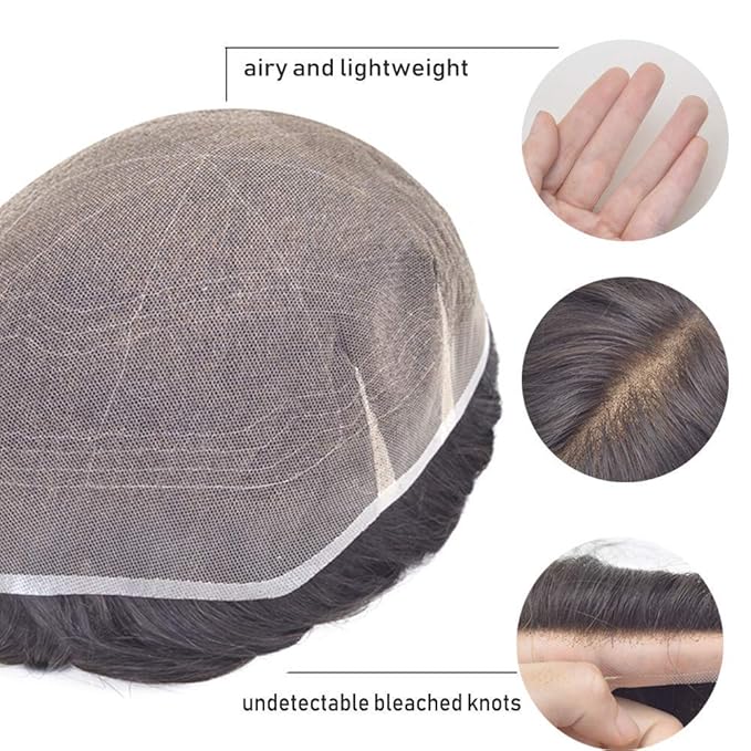 Lordhair Toupee for Men European human hair Full French Lace Hairpieces，Base Size 6x8 inch Hair Replacement System for Men Natural Hairline Human Hair Wig Dark Brown #2