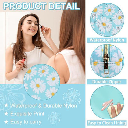 Waterproof Small Floral Pencil Case Makeup Bag for Purse,Cute Flower Pencil Pouch Preppy Nylon Makeup Brush Holder with Zipper,Girls Portable Storage Case Small Pen Bag for Work(Slim Blue-Daisy)
