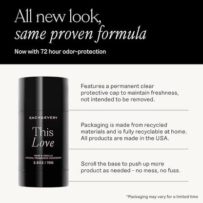 Each & Every Aluminum Free Deodorant for Women & Men - All Natural Deodorant for Sensitive Skin, EWG Verified - Clean, Baking Soda-Free, Plant-Based Fragrance, Rose & Vanilla, 2.5oz