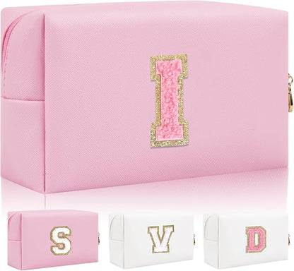Personalized Initial Letter Patch Makeup Bag, Preppy Small Chenille Cosmetic Bag with Zipper, PU Leather Waterproof Travel Toiletry Bag Monogram Make Up Pouch for Women Girls
