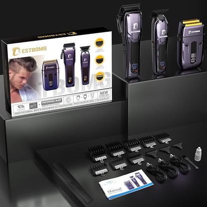 BESTBOMG® Hair Clippers for Men, Professional Hair Clippers, Beard Trimmer& Rechargeable Shaver Set, Metal T-Blade, LED Display, Barber Hair Cutting Kit for Men Grooming & Gifts, BS-808C (Blue)