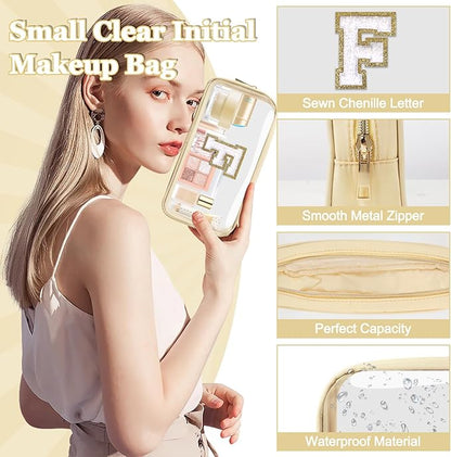 Small Clear Personalized Initial Makeup Bag,Nylon Preppy A-Z Chenille Letter Patch Cosmetic Pouch Beach Toiletry Bag,Waterproof Zipper Travel Purse Storage Bag Organizer for Women Girls(Beige-White F)