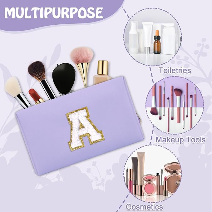 Personalized Initial Preppy Patch Makeup Bag, Small Cute Purple Cosmetic Zipper Pouch Makeup Organizer Travel Toiletry Organizer,Monogram Waterproof PU Chenille Letter Storage Bags for Women(Letter A)