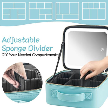 Makeup Travel Train Case with Mirror LED Light 3 Adjustable Brightness Large Cosmetic Bag Portable Storage Adjustable Partition Waterproof Makeup Brushes Make up Jewelry Gift for Women