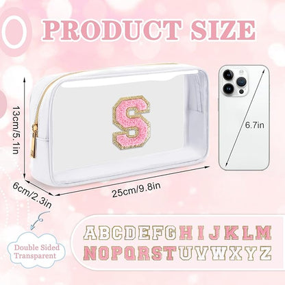 Small Clear Personalized Initial Makeup Bag,Nylon Preppy A-Z Chenille Letter Patch Cosmetic Pouch Beach Toiletry Bag,Waterproof Zipper Travel Purse Storage Bag Organizer for Women Girls(White-Pink S)