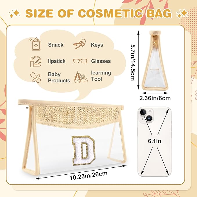 Personalized Initial Letter Bag Boho Straw Clear Makeup Bag,Small Cute Chenille Varsity Letter Bag With Zipper,Beach Travel Toiletry Bag,Portable Monogrammed Cosmetic Bag for Women Girls,D