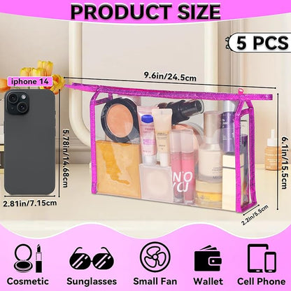 5 Pack Clear Cosmetic Bags Makeup Bags Set Waterproof PVC Clear Toiletry Bag with Zipper, Makeup Organizer Storage Pouches Fit Carry-on Travel Essentials