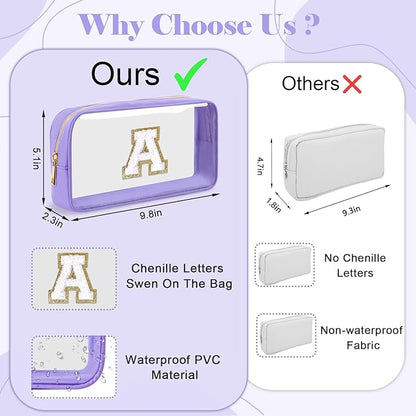 Personalized Initial Letter Clear Makeup Bag,Preppy Small Nylon&PVC Cosmetic Zipper Bag with Chenille Letter,Travel Skincare Toiletry Bag,Monogram Christmas Gift for Teen Girls Women,P