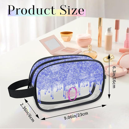 Personalized Name Clear Makeup Bag, Custom Women Transparent Cosmetic Travel Toiletry Bag Pouch Organizer for Vacation Weekend, Bright Blue Curtain Glittery