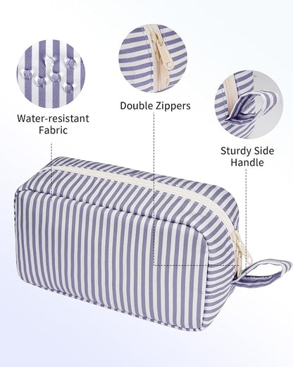 Narwey Cute Makeup Bag Small Toiletry Bag Travel Cosmetic Bag Organizer Make Up Bags with Organized Pockets for Women (Greyish Blue Stripe, Large)