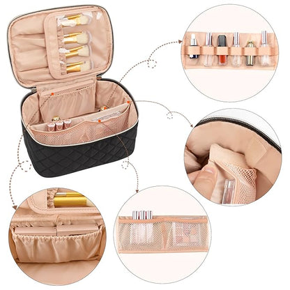 OCHEAL Portable Cosmetic Bag For Women, Large Capacity Travel Makeup Case Organizer, Rhombus Black, Toiletry Bag for Girls Traveling With Handle and Divider