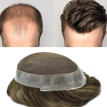 FACE MIRACLE Mens Toupee Lace Front Hairpieces Soft Human Hair Replacement System Natural Hairline Toupee for Men French Lace Poly V-Looped Mens hair Units 8"X10" 5#MEDIUM LIGHT BROWN