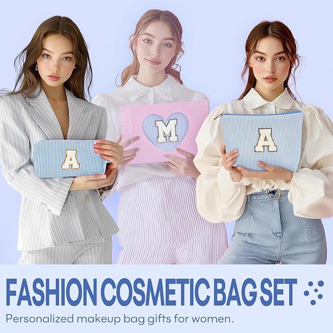 2 PCS Initial Makeup Bags for Women: Cosmetic Bag for Travel Toiletry - Birthday Gifts for 11 12 13 14 15 16 17 18 Years Old Girl Graduation Teacher Gift- Teen Girl Gifts Trendy Stuff - Blue D