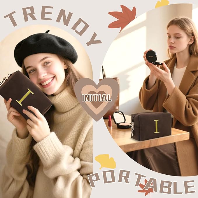 Personalized Initial Makeup Bag,Preppy Suede Cosmetic Bag for Teen Girls,Small Monogram Travel Toiletry Bag With Gold Embroidered Letter,Trendy Stuff Custom Christmas Gift for Women(Coffee-I)