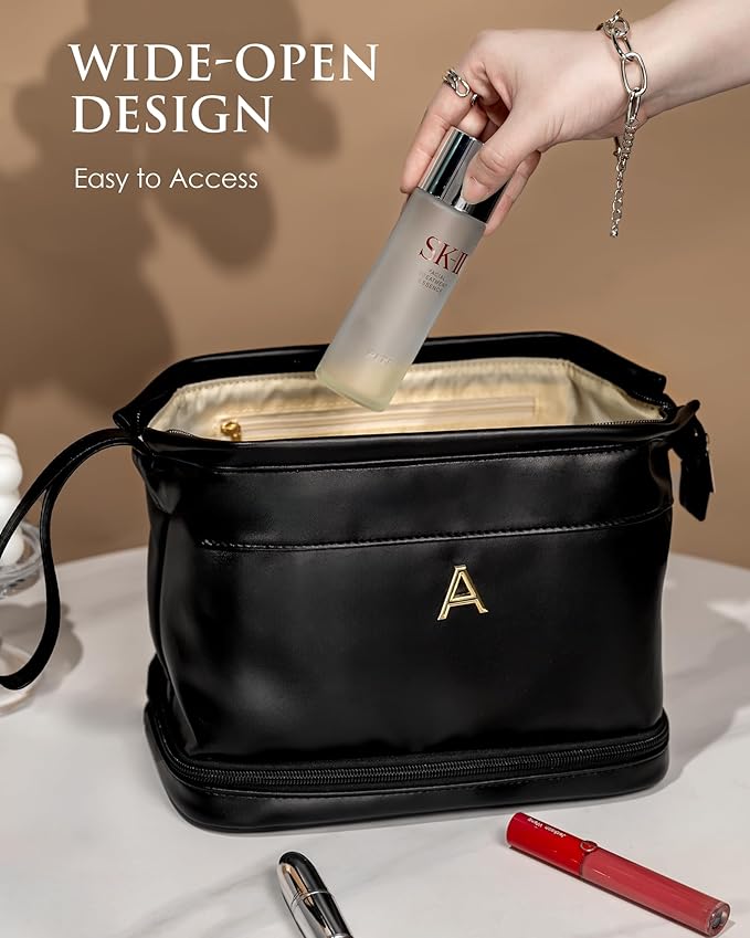Monogrammed Gift for Women Girls, Initial Makeup Bag, Personalized Double Layer Cosmetic Bag with Makeup Brush Organizer, Large Capacity PU Leather Travel Toiletry Bag, Sister Gifts