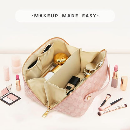 Travel Makeup Bag – Large Cosmetic Organizer with Waterproof PU Leather, Smooth Double Zipper & Tear-Resistant Lining, Toiletry Pouch for Women (Pink)