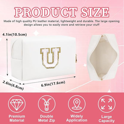 Personalized Initial Letter Patch Makeup Bag, Preppy Portable Chenille Cosmetic Bag with Zipper, PU Leather Waterproof Travel Toiletry Bag Monogram Make Up Pouch for Women Girls