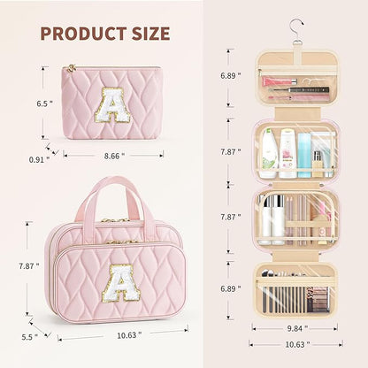 YOOLIFE Hanging Toiletry Bag Makeup Bag for Women Girls, Initial Toiletry Bag Cosmetic Bag, Personalized Birthday Gifts for Women Teen Girls Letter Pink A