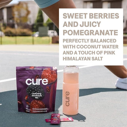 Cure Hydration | Plant-Based Electrolyte Drink Mix | No Added Sugar | FSA-HSA | Dehydration Relief Powder Made with Coconut Water | Non-GMO | Vegan | 28 Servings Jar - Berry Pomegranate