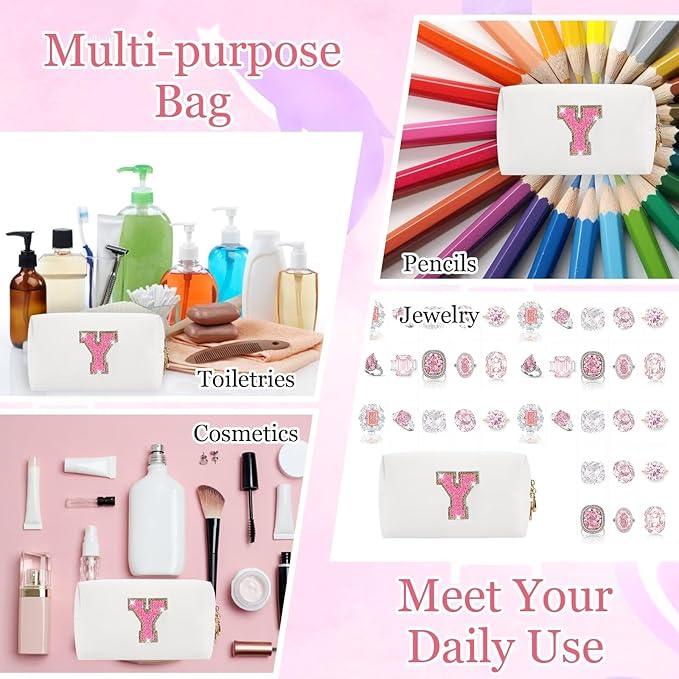 Small Personalized Glitter Initial Letter Makeup Bag, Cute PU Leather Chenille Letters Cosmetic Bag Travel Makeup Pouch, Preppy Travel Organizer Zipper Pouch for Women&Girls（WhiteRosePink-Y）