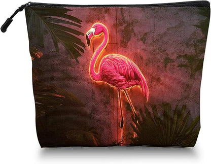 Cosmetic Bags Travel Makeup Toilet Case Waterproof Pouch for Women Girls 6.7X9.45inches - Pink Flamingo With Neon Lighting