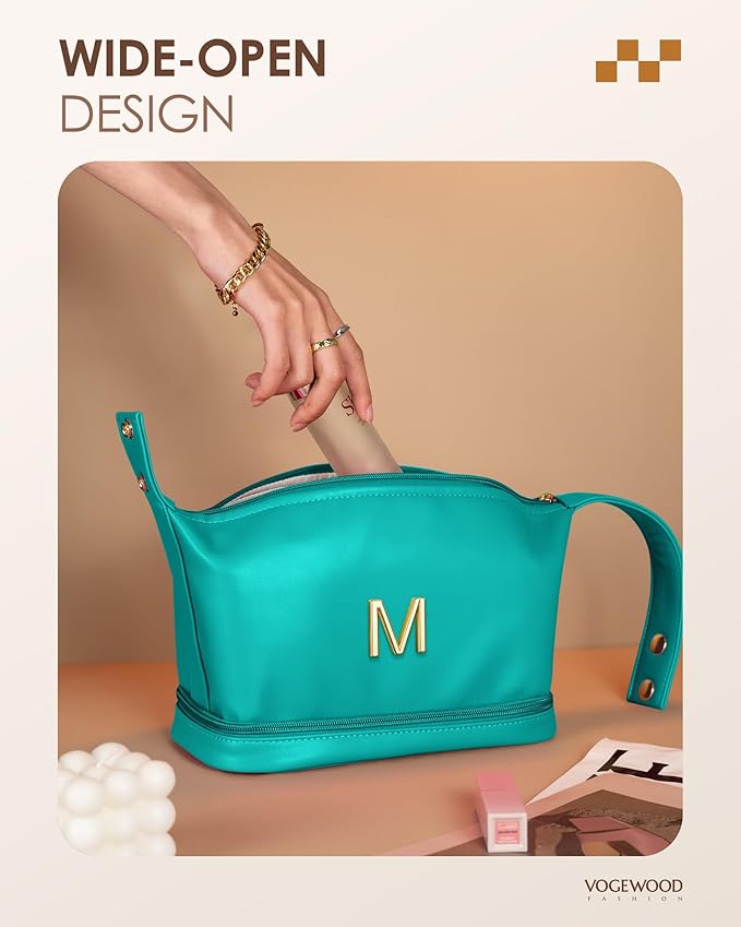 Birthday Gifts for 15 16 17 18 19 Year Old Girls Gifts, Personalized Makeup Bag with Handle, Initial Double Layer Cosmetic Bag with Makeup Brush Organizer, Cosmetic Pouch for Women