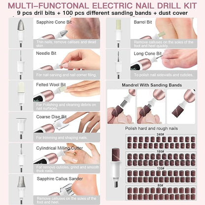 2 Pack 9-in-1 Digital Display Nail Grinder with 100 Sanding Bands - Adjustable Speed Electric Manicure Tool for Acrylic Nails, Callus Removal & Gel Polish - Professional Home Pedicure Kit