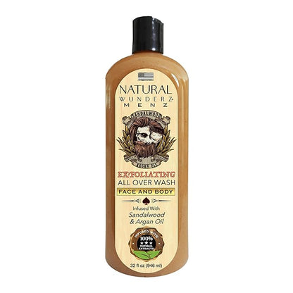Mens Face and Body Wash with Sandalwood & Argan Oil, 32 Fl Oz Exfoliating Liquid Soap with All Natural Ingredients, Vegan, Sulfate Free, and Cruelty Free Body Scrub