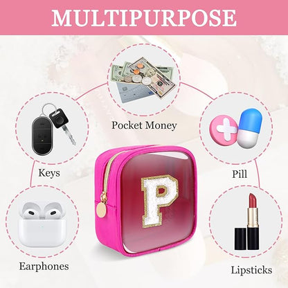 Mini Clear Personalized Initial Makeup Bag,Small Nylon Waterproof Zip Beach Cosmetic Pouch,Preppy A-Z Chenille Letter Patch Cute Coin Purse Travel Toiletry Bag Car Pack Bag for Women(Hot Pink-White P)