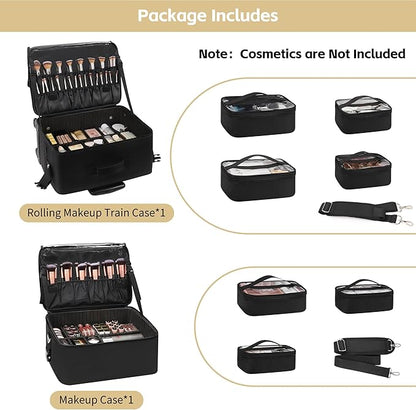 TANTO Rolling Makeup Bag, Makeup Case on Wheels Professional Makeup Artist Bags 2 in 1 Cosmetics Organizer Extra Large Cosmetology Case with 360° Swivel Wheels and Adjustable Dividers