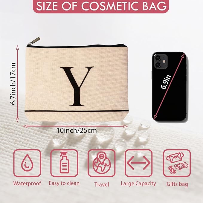 Letter A-Z Initial Personalized Makeup Bags, Birthday Gifts for Women, Monogrammed Gifts for Women Mom Sister Best Friend Bride Bridesmaid, Mothers Day, Christmas, Small Travel Cosmetic Bag (Y)