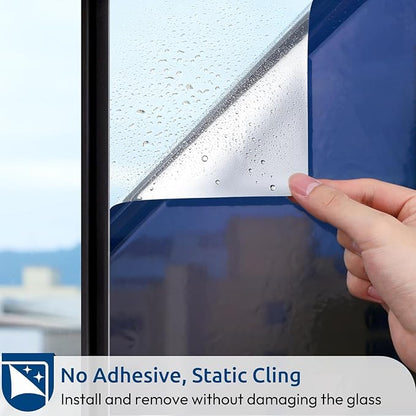 rabbitgoo Window Privacy Film One Way Window Tint for Home, Removable Reflective Heat Sun Blocking Anti UV Glass Door Covering, Mirror Tinting Film House Office, 35.4 in X 9.8 Feet, Blue Silver