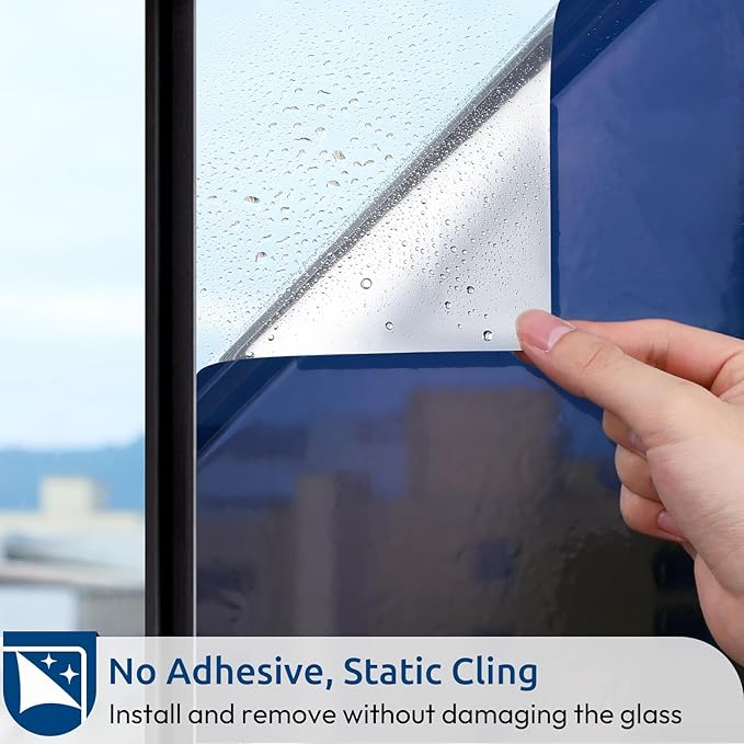 rabbitgoo Window Privacy Film One Way Window Tint for Home, Removable Reflective Heat Sun Blocking Anti UV Glass Door Covering, Mirror Tinting Film House Office, 23.6 in X 9.8 Feet, Blue Silver