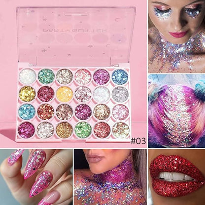 evpct 24 Colors Glitter Eyeshadows Palette Makeup for Women, Black White Pink Green Blue Rainbow Sparkle Neon Metallic Shimmer Shiny Eyeshadow Palette, Body Pressed Eye Shadow Glitter Palette Makeup