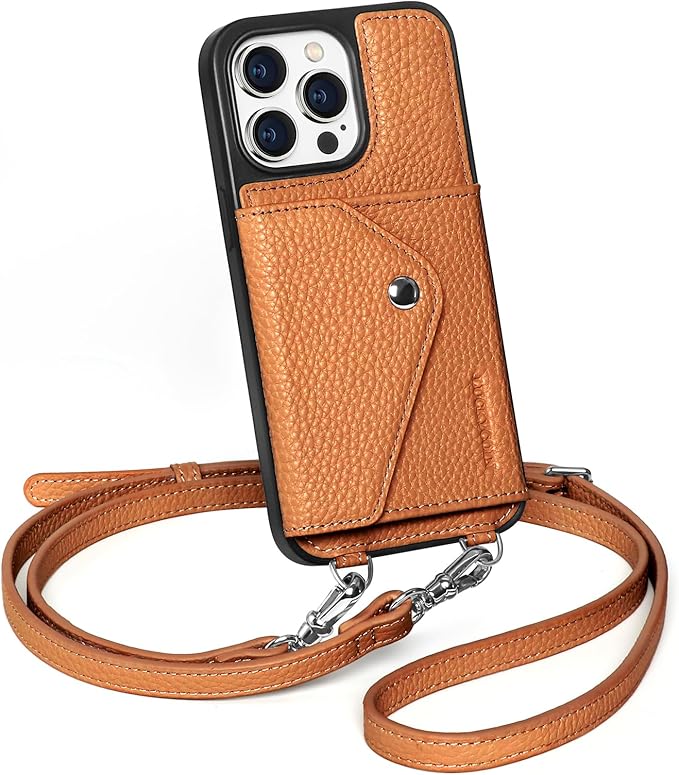 LUCKYCOIN Crossbody Wallet Phone Case for iPhone 15 Pro Max,100% Genuine Leather Wallet Phone Case with Expandable Flip Card Holder,Phone Purse for Women with Adjustable Removable Strap - Pebble Brown