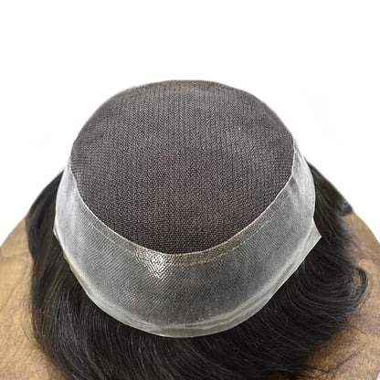 Toupee for Men French Lace Center Human Hair Replacement Systems Transparent Lace Center Hair Piece Mens Toupee Hair Units for Man V-Looped Front Male Hair Prosthesis 7"X10" 1B# OFF BLACK